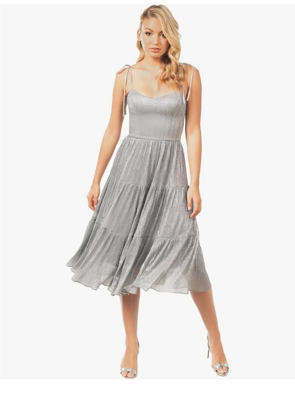 NWT Dress the Population Dream Metallic Chiffon Midi Dress in Dove Multi